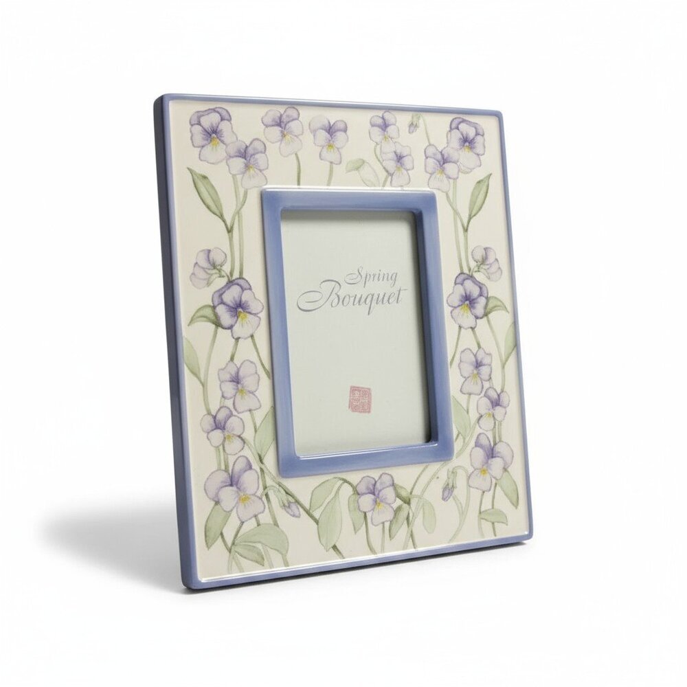 Vintage Russ Porcelain Floral Picture Frame – Blue & Cream, Spring Flowers, 4×6